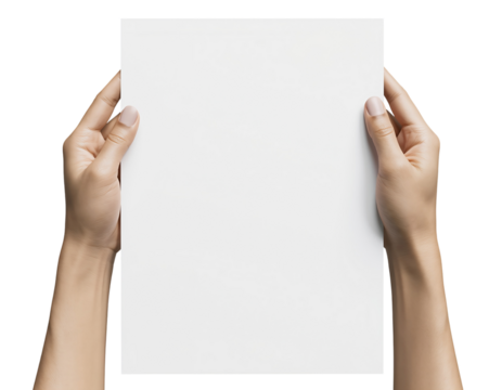 Close-up of two hands holding a blank white paper sheet with ample copy space isolated on transparent background