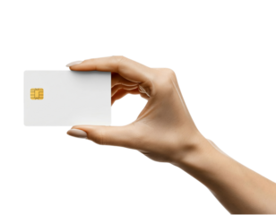 Hand holding a blank white smart card with an emv chip, ready for custom design. isolated on transparent background
