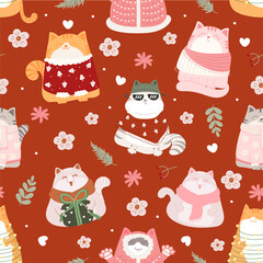 Cute christmas cats seamless pattern featuring cozy holiday sweaters, festive decorations, and joyful winter vibes in playful design.