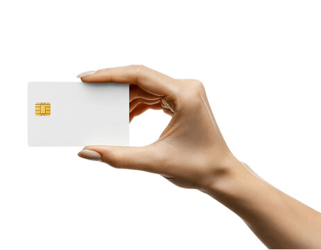 Hand holding a blank white smart card with an emv chip, ready for custom design. isolated on transparent background