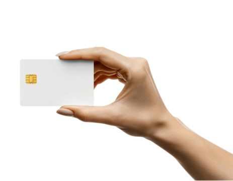 Hand holding a blank white smart card with an emv chip, ready for custom design. isolated on transparent background
