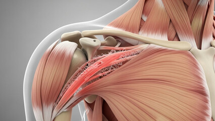 Anatomical view of shoulder muscles and bones including the clavicle and the humerus in detail