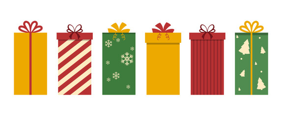 Christmas present box illustration set with festive wrapping patterns in modern flat style perfect for holiday celebration graphics gift decoration printable assets packaging design templates © Moovor Lab