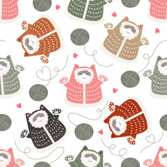 Cute christmas cats seamless pattern featuring cozy holiday sweaters, festive decorations, and joyful winter vibes in playful design.