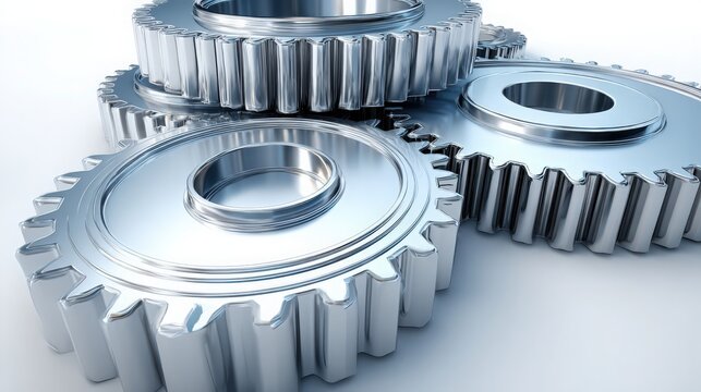 Close up of metal gears in complex interlocking arrangement