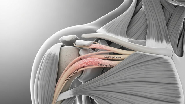 Anatomical view of shoulder joint showing supraspinatus subscapularis and teres minor muscles in detail