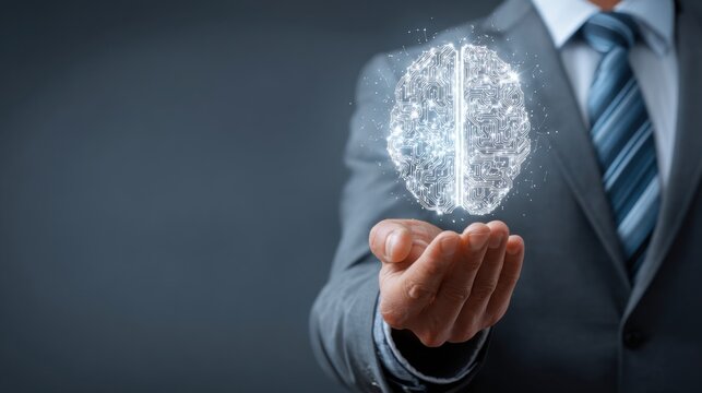 Businessman holding glowing digital brain circuit in hand