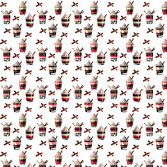 A seamless pattern featuring layered chocolate&ndash;cream desserts in glass cups paired with scattered cinnamon sticks