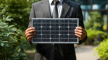 Businessman holding solar panel outdoors green background