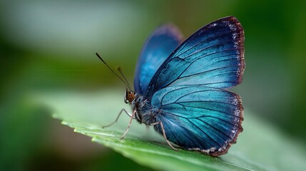 Macro shot of iridescent butterfly resting on a green leaf
