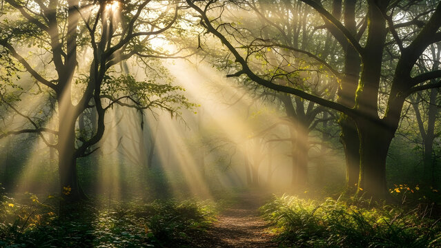Sunbeams through forest trees creating a magical and ethereal atmosphere - Powered by Adobe