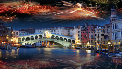 Fireworks over the Rialto Bridge and the Grand Canal in Venice, Italy 