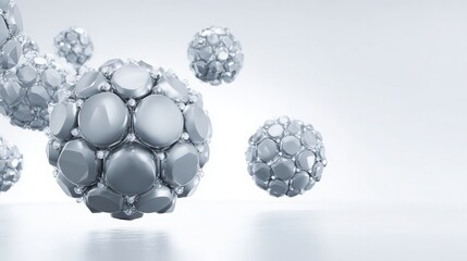 Three floating geometric sphere clusters with smooth metallic finish