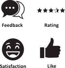 Create Review icon set. Containing feedback, rating, satisfaction, like icons. Vector illustration silhouette