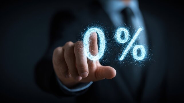 Businessman touching glowing zero percent digital interface