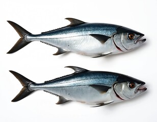 Fototapeta premium Two fresh pacific king mackerels or scomberomorus fish lie on white background. They are whole, raw, and uncooked, ready for culinary preparation and cooking.