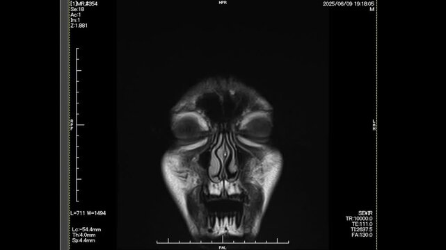 An axial MRI scan of a human head, centered in the frame from front view.