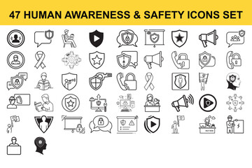 Human safety awareness icon set with head shield protection and prevention symbols about security and cybersecurity technology connection