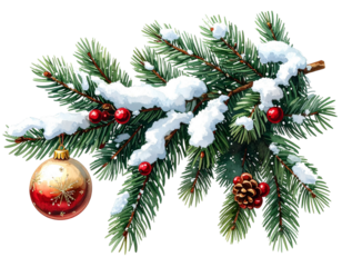 Christmas tree branch with snow ornaments and pine cone isolated on transparent background