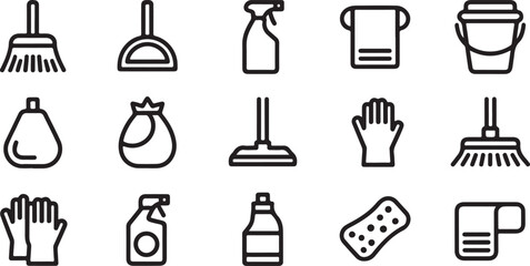 Line art illustration of various cleaning supplies including broom spray bottle and bucket for household tasks
