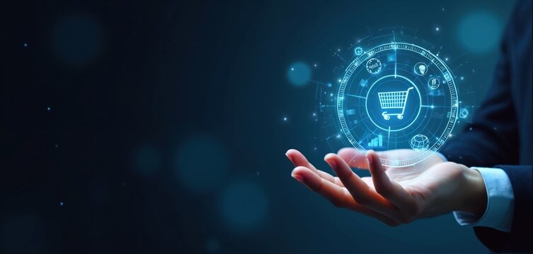 Hand holds e-commerce wheel interface. Person presents digital shopping trolley symbol, icons on dark background. Internet commerce solution business presentation. Modern tech, retail, marketing - Powered by Adobe
