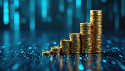 Rising stacks of gold coins displayed against abstract digital background. This visual communicates financial growth investments, economic progress. Concept illustrates wealth management, banking.