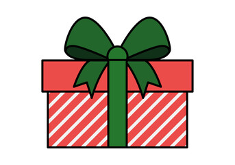 Caja de regalo roja con patrón de rayas blancas y lazo verde de celebración