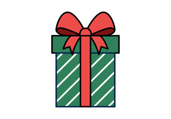 Caja de regalo de navidad con rayas verdes y lazo rojo sobre fondo blanco