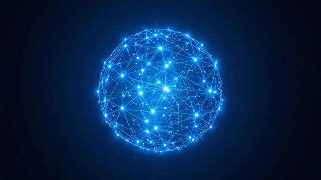 Abstract glowing blue sphere composed of interconnected nodes and lines against a dark blue background