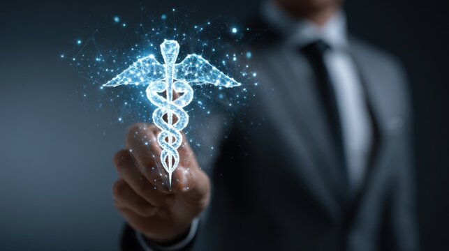 Digital healthcare symbol hologram touching screen