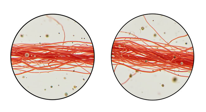 Microscopic View of Red Fibers particles science biology microscopy research laboratory - Powered by Adobe