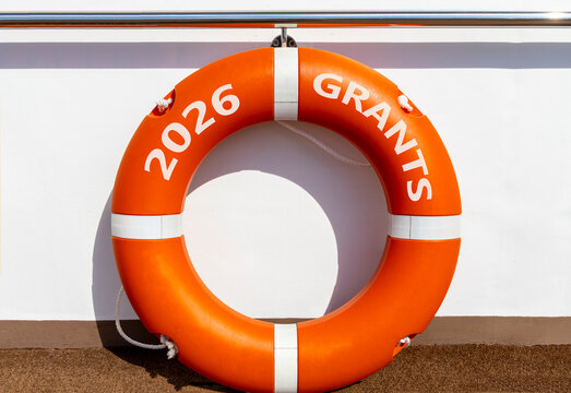 2026 Grants symbol. Concept words 2026 Grants on beautiful orange lifebuoy. Beautiful white background. Beautiful orange lifebuoy. Business and 2026 grants concept. Copy space.