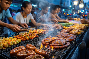 Grilling various meats and vegetables at a night market