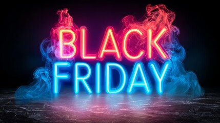 Black Friday neon signage glowing on dark background Neon sign displaying "Black Friday" with colorful smoke effects in a dark background.