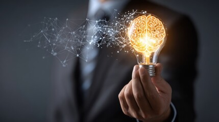 Glowing brain inside light bulb with network connections