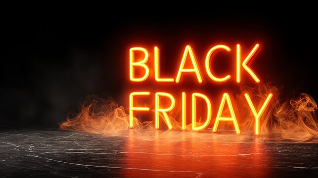Black Friday neon signage glowing on dark background Neon "Black Friday" sign with flames on a dark background, symbolizing shopping deals and excitement.