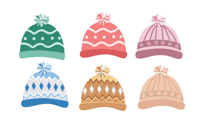 Knitted hat vector set. Winter accessories clipart. Flat vector in cartoon style isolated on white background. Hello winter element.