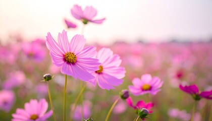 A Serene Field of Pink Cosmos Flowers in Full Bloom.