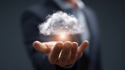 Hand holding glowing abstract network cloud