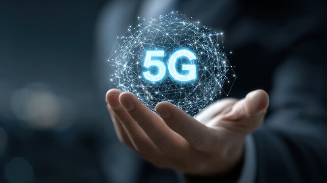 Hand holding glowing 5G network sphere
