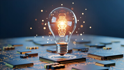 Glowing lightbulb on circuit board symbolizing innovation and technological advancement
