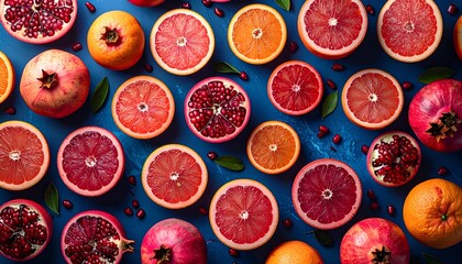 Vibrant Citrus and Pomegranate Still Life on Blue Background.