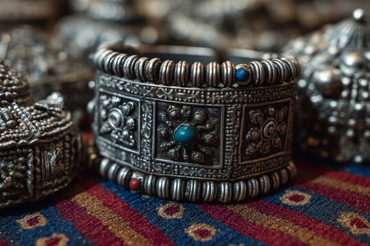 A close-up of Somali handmade silver jewelry, intricately designed with cultural motifs, emphasizing local craftsmanship and adornment.