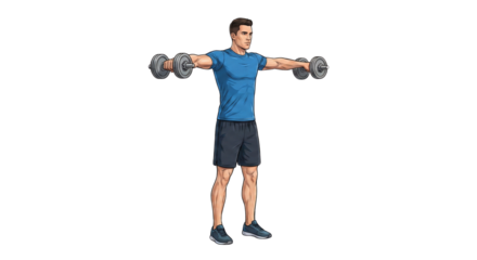 Man doing lateral dumbbell raises fitness muscle building exercise on cutout background isolated on transparent background