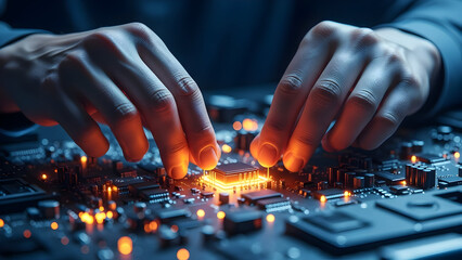 Close up of hands working on computer circuit board with glowing components
