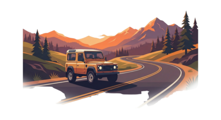 Illustration of yellow off-road vehicle driving along winding mountain road art isolated on transparent background