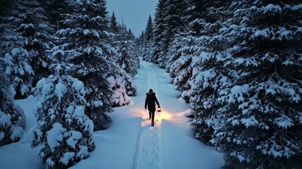 Person walking through a snowy forest path at night, illuminated by a warm lantern light - Powered by Adobe