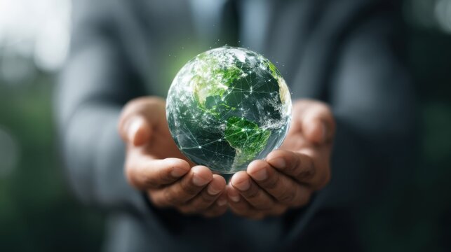 Hands holding glowing planet earth network