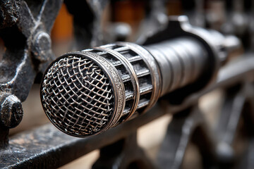 Vintage microphone resting on a decorative railing in a dimly lit setting