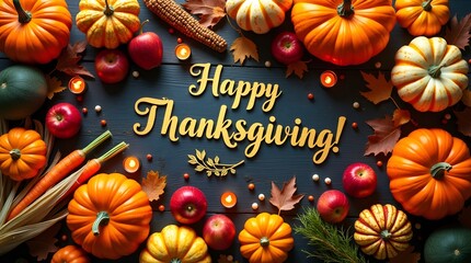 Happy Thanksgiving banner with an elegant arrangement of pumpkins, fall vegetables, dried branches, and autumn leaves on dark textured wood